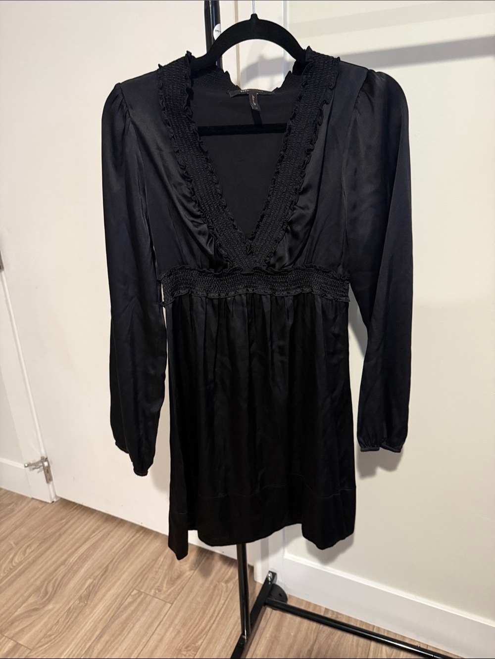 BCBGMaxAzria Silk Black Dress with Smocked Neckline